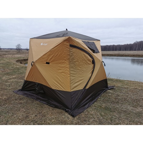 Четырехслойная утепленная зимняя палатка куб для рыбалки и кемпинга Terbo-Mir, размеры 2,4*2,4*2,2 м, цвет песочный 2019 Четырехслойная утепленная зимняя палатка куб для рыбалки изображение