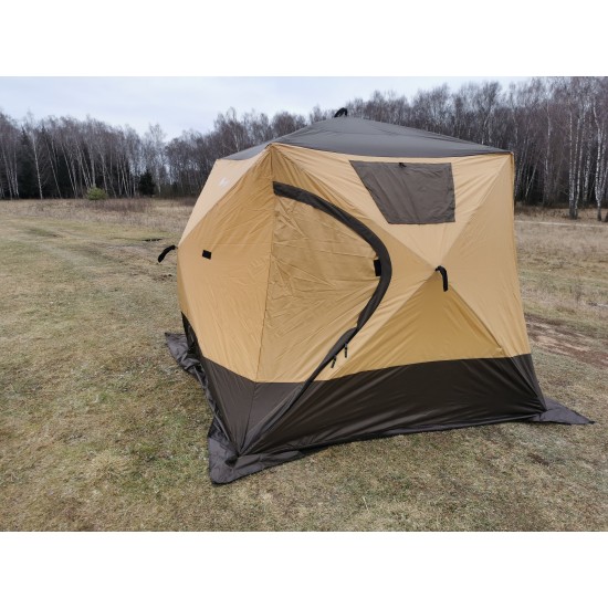 Четырехслойная утепленная зимняя палатка куб для рыбалки и кемпинга Terbo-Mir, размеры 2,4*2,4*2,2 м, цвет песочный 2019 Четырехслойная утепленная зимняя палатка куб для рыбалки изображение