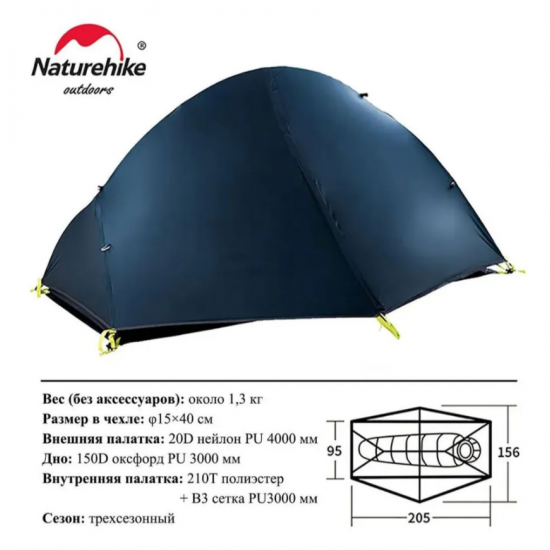 Туристическая трекинговая 1 местная палатка Naturehike 20D NH18A095-D, каркас алюминий, вес 1,3 кг Туристическая трекинговая 1 местная палатка Naturehike 20D NH18A095-D, каркас алюминий, вес 1,3 кг фотография