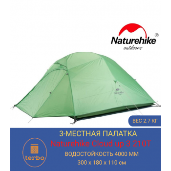 3-местная палатка Naturehike Cloud Up 3 210T с ковриком (зеленная)