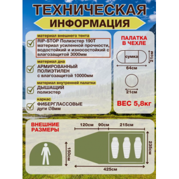 Палатка туристическая трехместная CoolWalk - 5223 с большим тамбуром, двухслойная для кемпинга и рыбалки